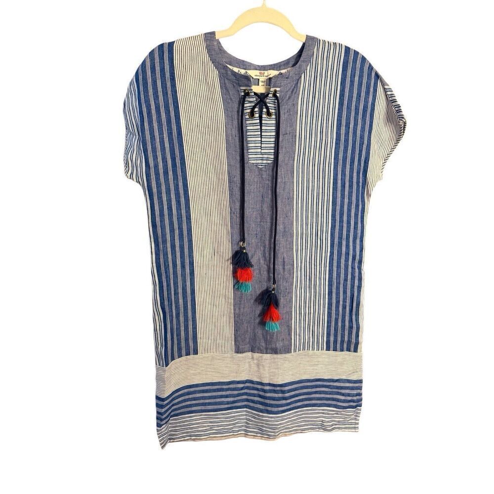 Vineyard Vines Linen Striped Tassel Shift Dress‎ in Dazzling Blue Sz 00 Womens - Picture 3 of 11